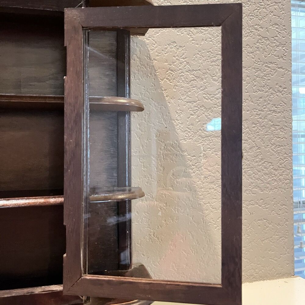 Vintage Small Cabinet Wood 2 Shelves Glass Door Footed Wall Hanging 17" - Picture 6 of 13